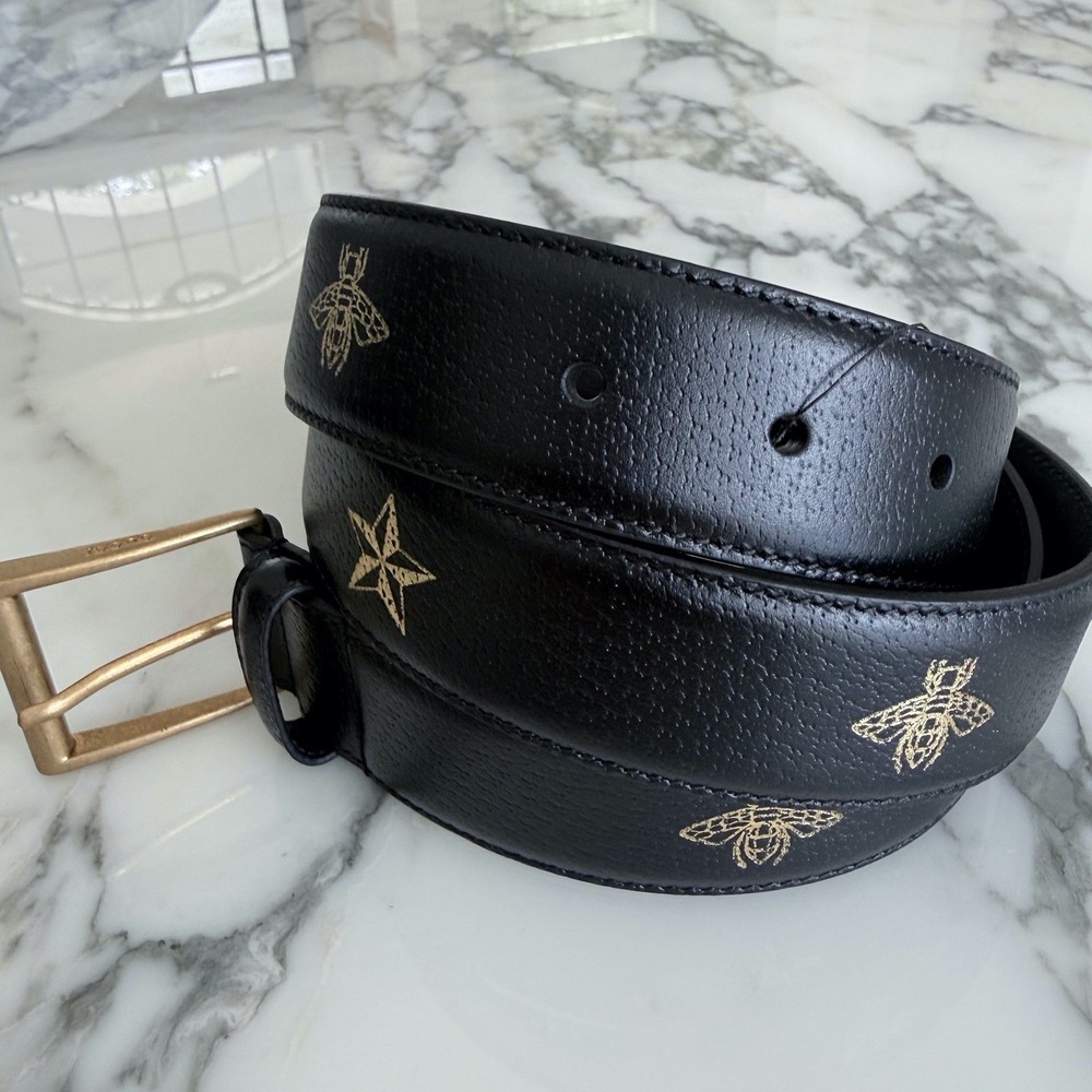 Gucci 495122 Black Leather Bee and Star Print Belt Gold‎ Buckle size 95/38 - Picture 4 of 12